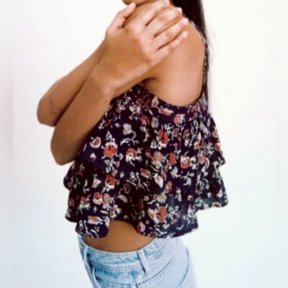 ZARA Floral Crop Top Womens Medium Boho Spaghetti Straps‎ Tiered Ruffle Shirt - Picture 1 of 9